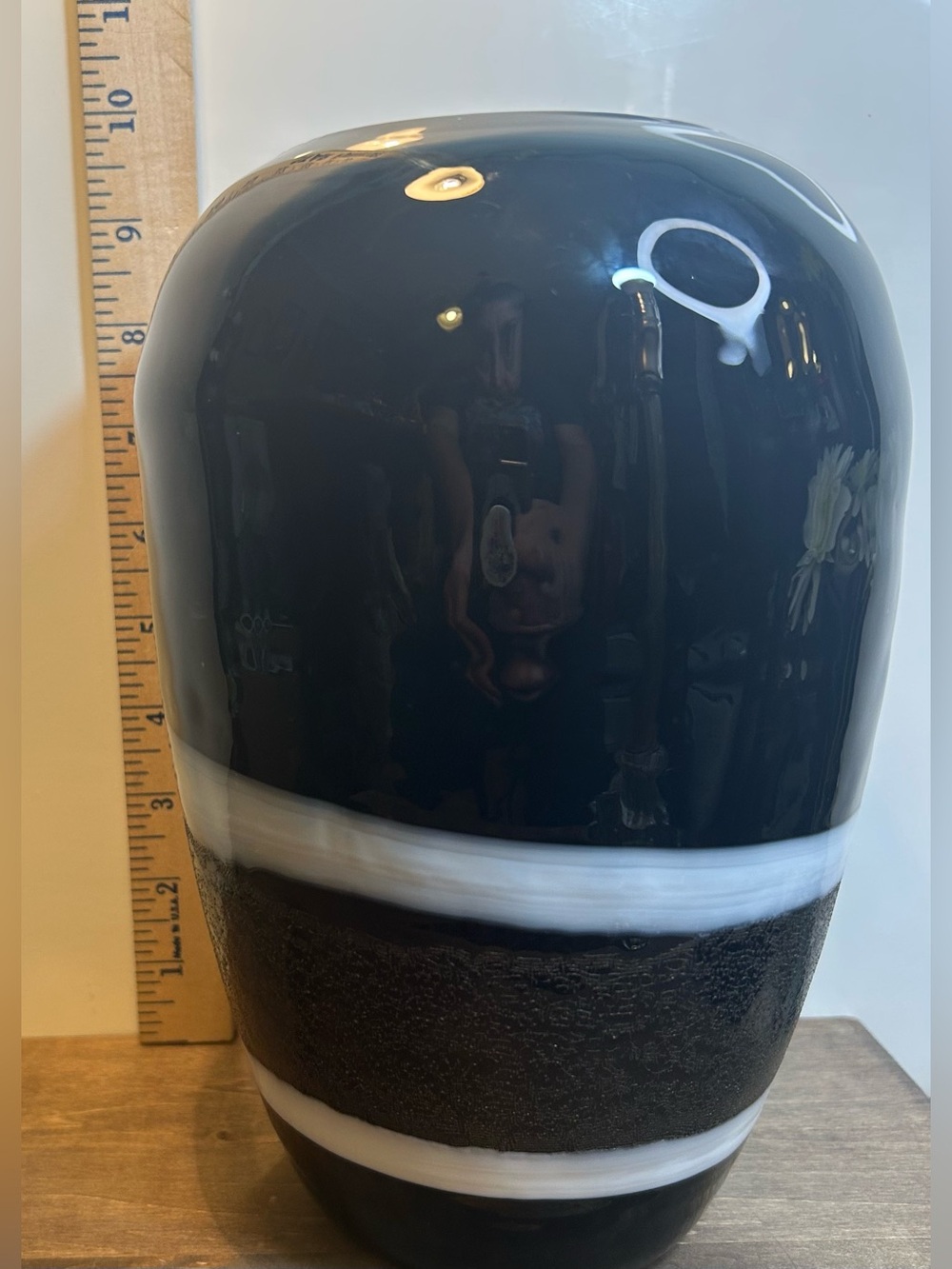 Vintage Handblown Venetian Glass Black White Abstract Vase - 10” Tall